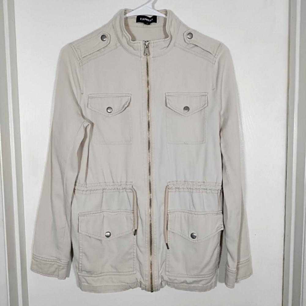 Express Women's XS Light Khaki Military Field Jacket Full Zip Utility Stretch